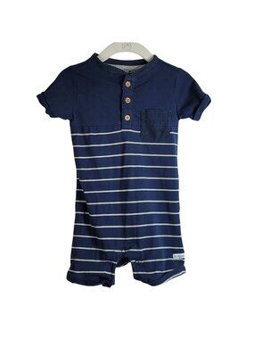 Rugged Butts Boys Shortall Romper Blue Stripe 6-12M Short Sleeve Henley Snaps
